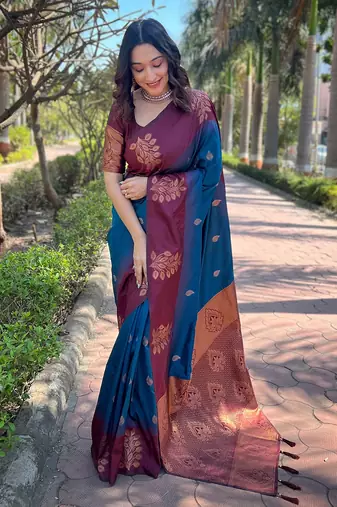 Blue soft silk weaving jari designer graceful ceremonial saree