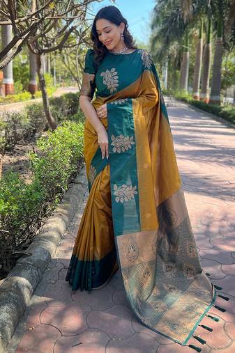 Mustard soft silk weaving jari designer graceful ceremonial saree