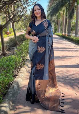 Grey soft silk blend weaving zari graceful ceremonial saree 1