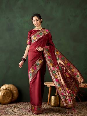 Maroon silk blend Woven jacquard traditional rich saree 1