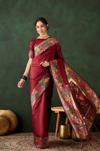 Maroon silk Woven jacquard designer traditional rich saree
