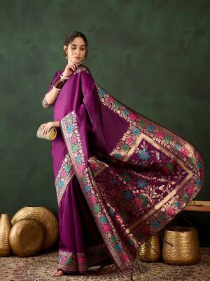 Purple silk blend woven jacquard traditional rich saree 4
