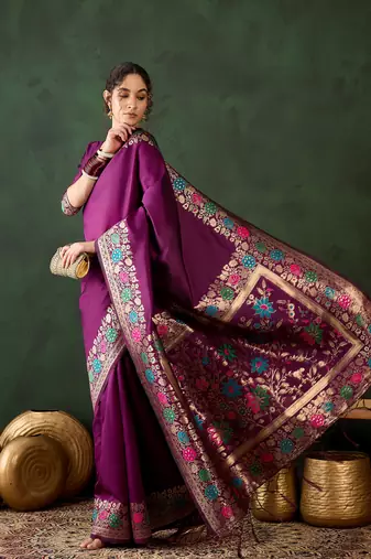 Purple silk blend woven jacquard traditional rich saree
