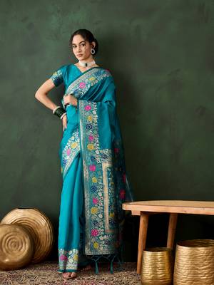 Teal silk Woven jacquard designer traditional rich saree 1