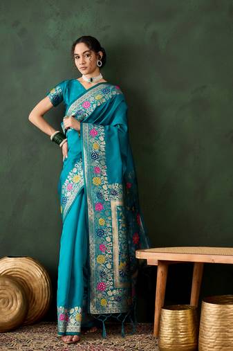 Teal silk Woven jacquard designer traditional rich saree