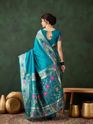 Teal silk Woven jacquard designer traditional rich saree 2