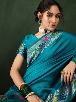 Teal silk Woven jacquard designer traditional rich saree 3