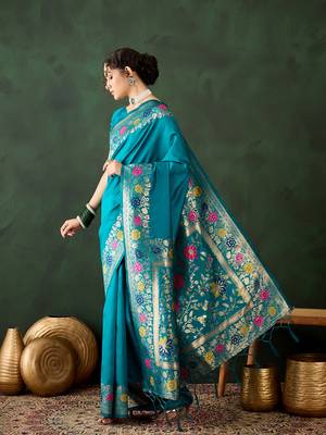 Teal silk Woven jacquard designer traditional rich saree 4