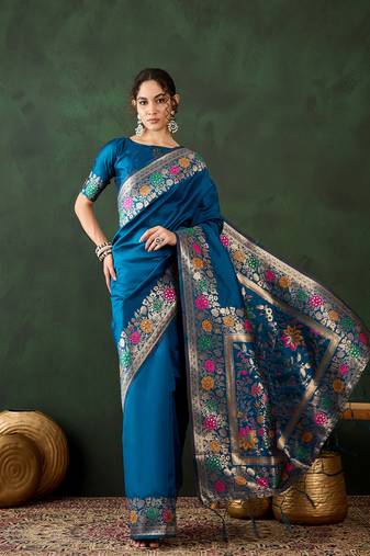 Blue silk Woven jacquard designer traditional rich saree