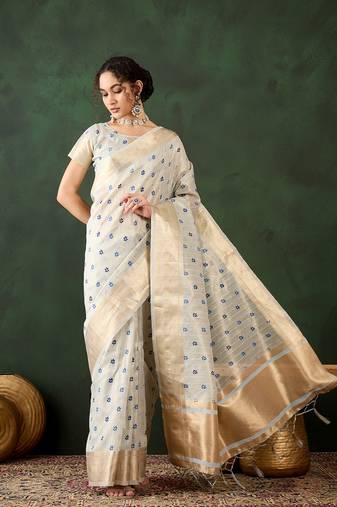 Sky blue khadi organza woven designer saree with classy brush paint work