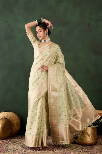 Pista khadi organza woven designer saree with classy brush paint work