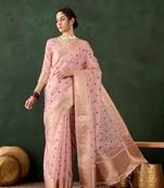 Pink khadi organza woven designer saree with classy brush paint work
