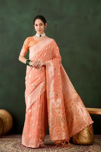 Orange poly cotton Woven graceful ethnic partywear saree