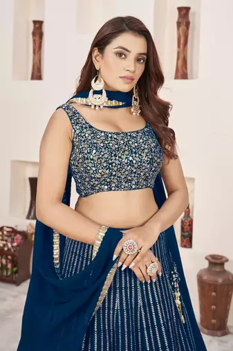 Blue Zari Sequins Embroidered Indian wedding lehenga dress
