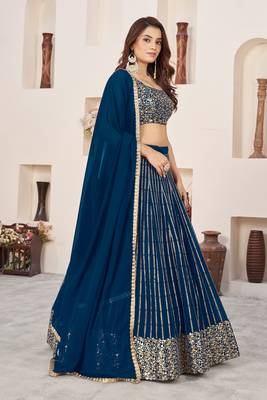 Blue Zari Sequins Embroidered Indian wedding lehenga dress 3