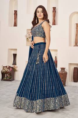 Blue Zari Sequins Embroidered Indian wedding lehenga dress 4