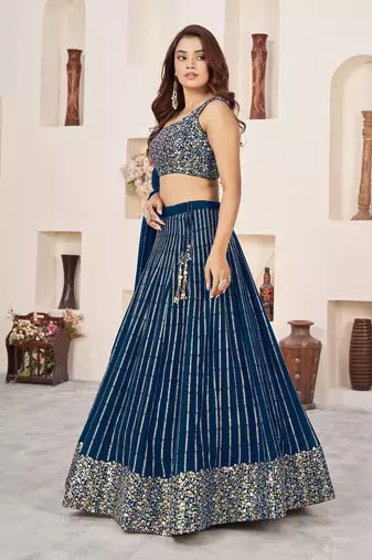 Blue Zari Sequins Embroidered Indian wedding lehenga dress