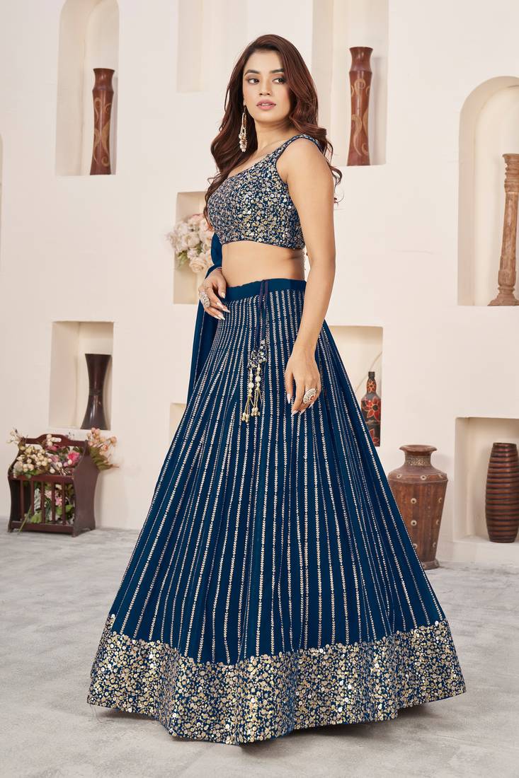 Blue Zari Sequins Embroidered Indian wedding lehenga dress