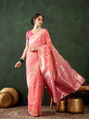 Peach poly cotton Woven graceful ethnic partywear saree 1