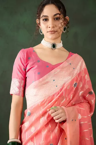 Peach poly cotton Woven graceful ethnic partywear saree