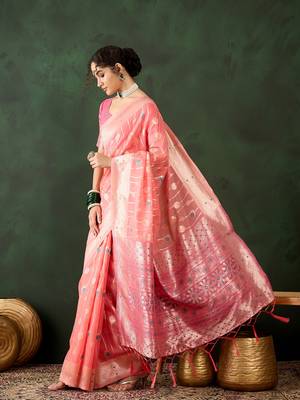 Peach poly cotton Woven graceful ethnic partywear saree 4