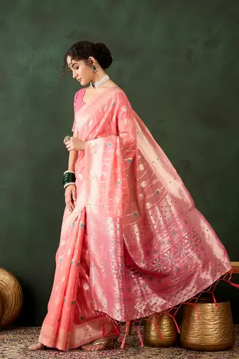 Peach poly cotton Woven graceful ethnic partywear saree