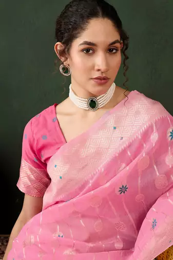 Pink poly cotton Woven graceful ethnic partywear saree