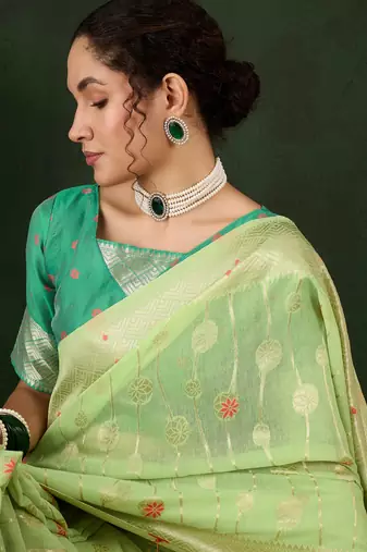 Pista poly cotton Woven graceful ethnic partywear saree