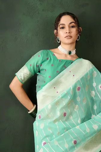 Sea green poly cotton Woven graceful ethnic partywear saree