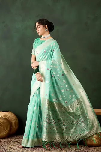 Sea green poly cotton Woven graceful ethnic partywear saree