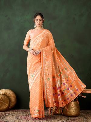 Orange poly cotton Woven indian rich cultural looks saree 1