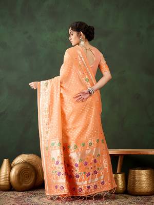 Orange poly cotton Woven indian rich cultural looks saree 2