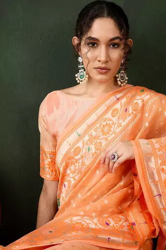 Orange poly cotton Woven indian rich cultural looks saree