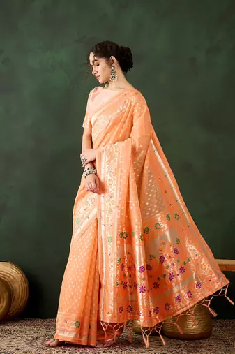 Orange poly cotton Woven indian rich cultural looks saree