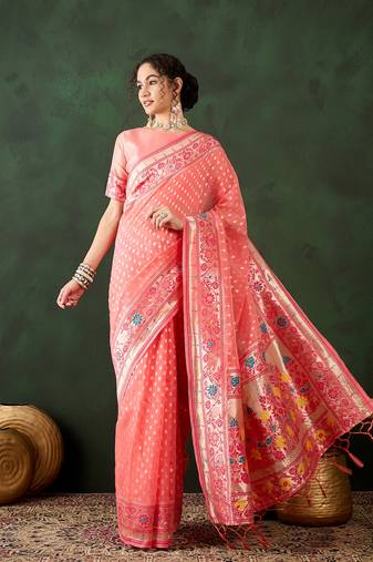 Peach poly cotton Woven designer indian rich cultural looks saree