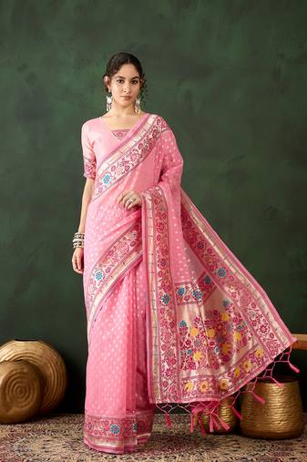 Pink poly cotton Woven designer indian rich cultural looks saree