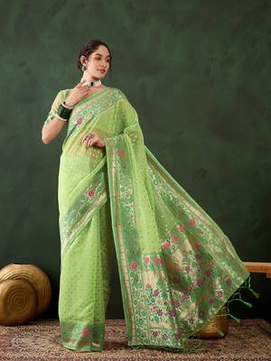 Green poly cotton Woven indian rich cultural looks saree 1