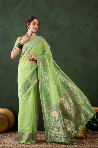 Green poly cotton Woven designer indian rich cultural looks saree