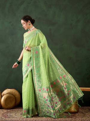 Green poly cotton Woven indian rich cultural looks saree 4