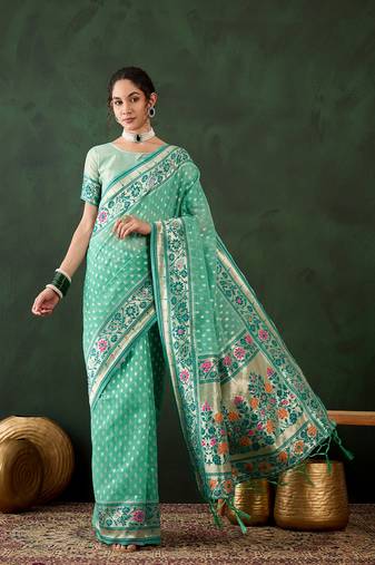 Sea green poly cotton Woven designer indian rich cultural looks saree