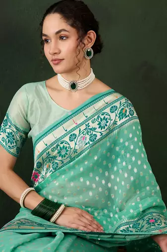 Sea green poly cotton Woven indian rich cultural looks saree