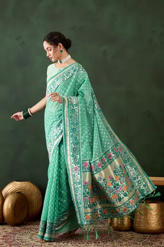 Sea green poly cotton Woven indian rich cultural looks saree