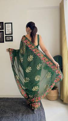 Green georgette style thread and Sequin embroidery work girlie saree 2