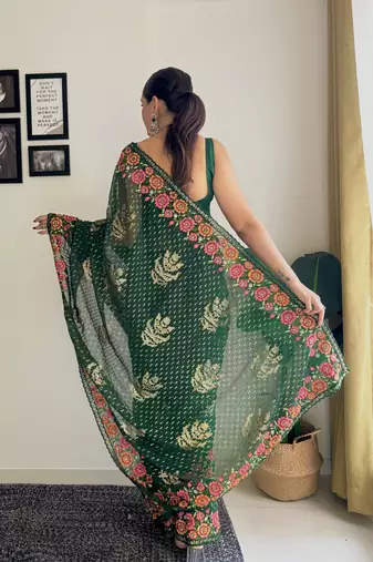 Green georgette style thread and Sequin embroidery work girlie saree