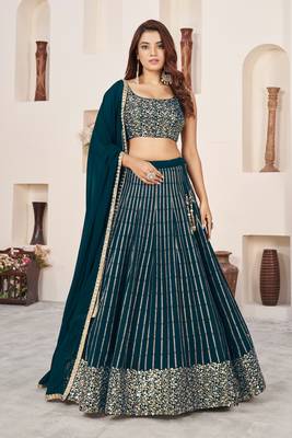 Teal Green Zari Sequins Embroidered Georgette Indian bridal designer lehenga choli dress 1