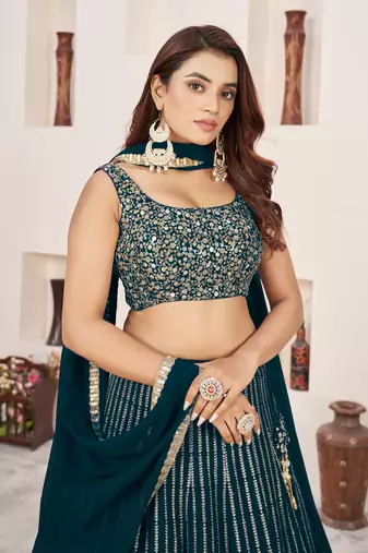 Teal Green Zari Sequins Embroidered Georgette Indian bridal designer lehenga choli dress