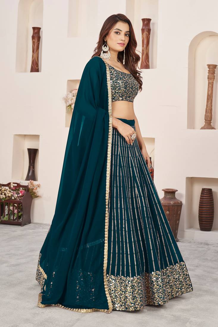 Teal Green Zari Sequins Embroidered Georgette Indian bridal designer lehenga choli dress