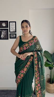 Green georgette style thread and Sequin embroidery work girlie saree 3
