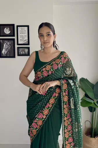 Green georgette style thread and Sequin embroidery work girlie saree