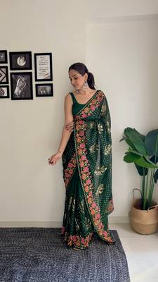 Green georgette style thread and Sequin embroidery work girlie saree 4